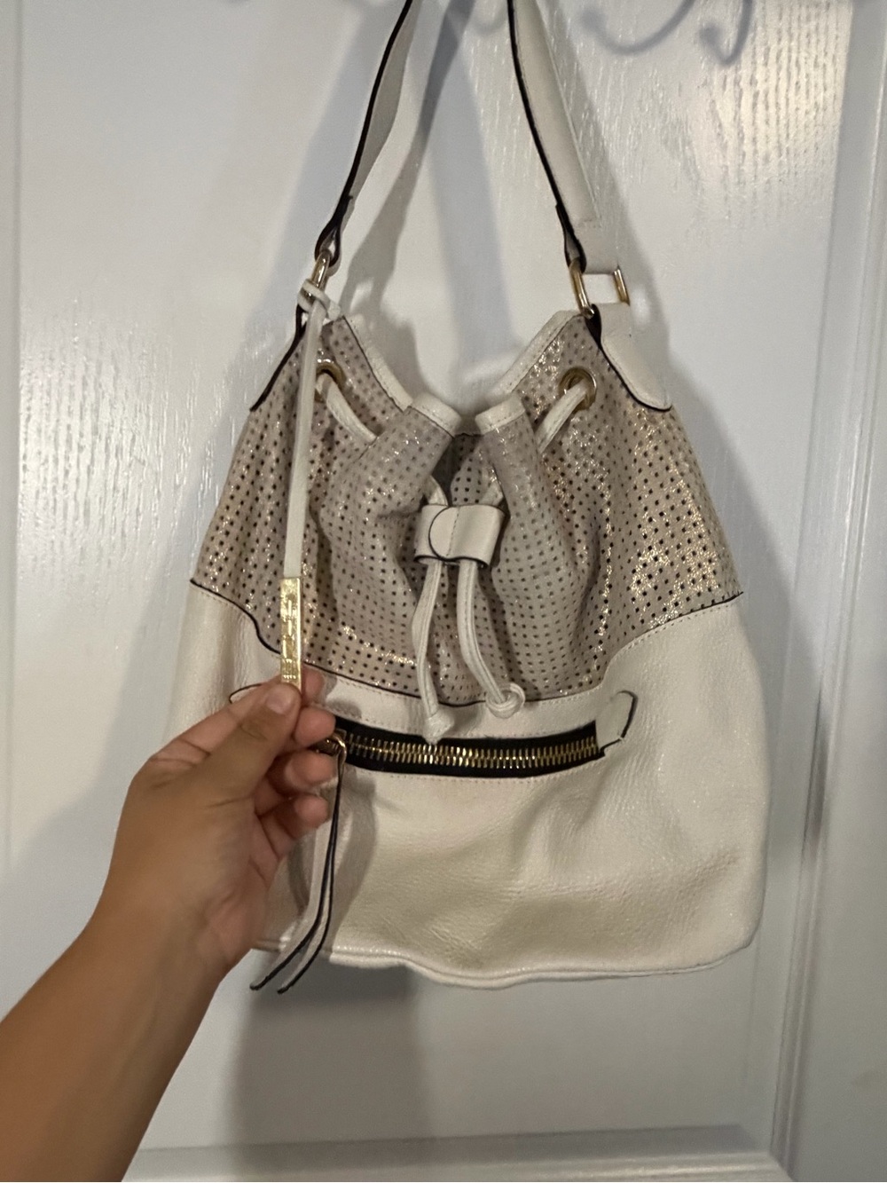 Perforated Two-Tone Cream Drawstring Shoulder Bag